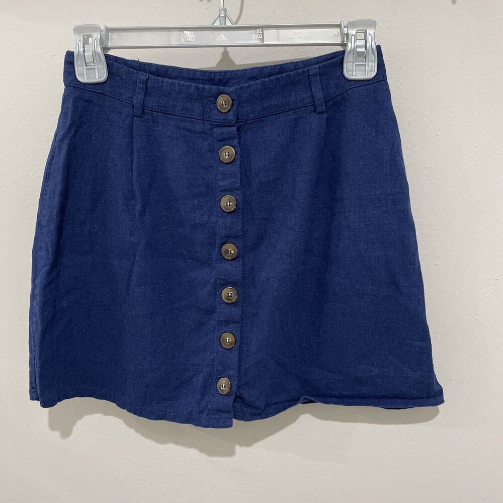 Forever 21 Linen Blend Blue Mini Skirt Womens Junior Size S Button Front Casual